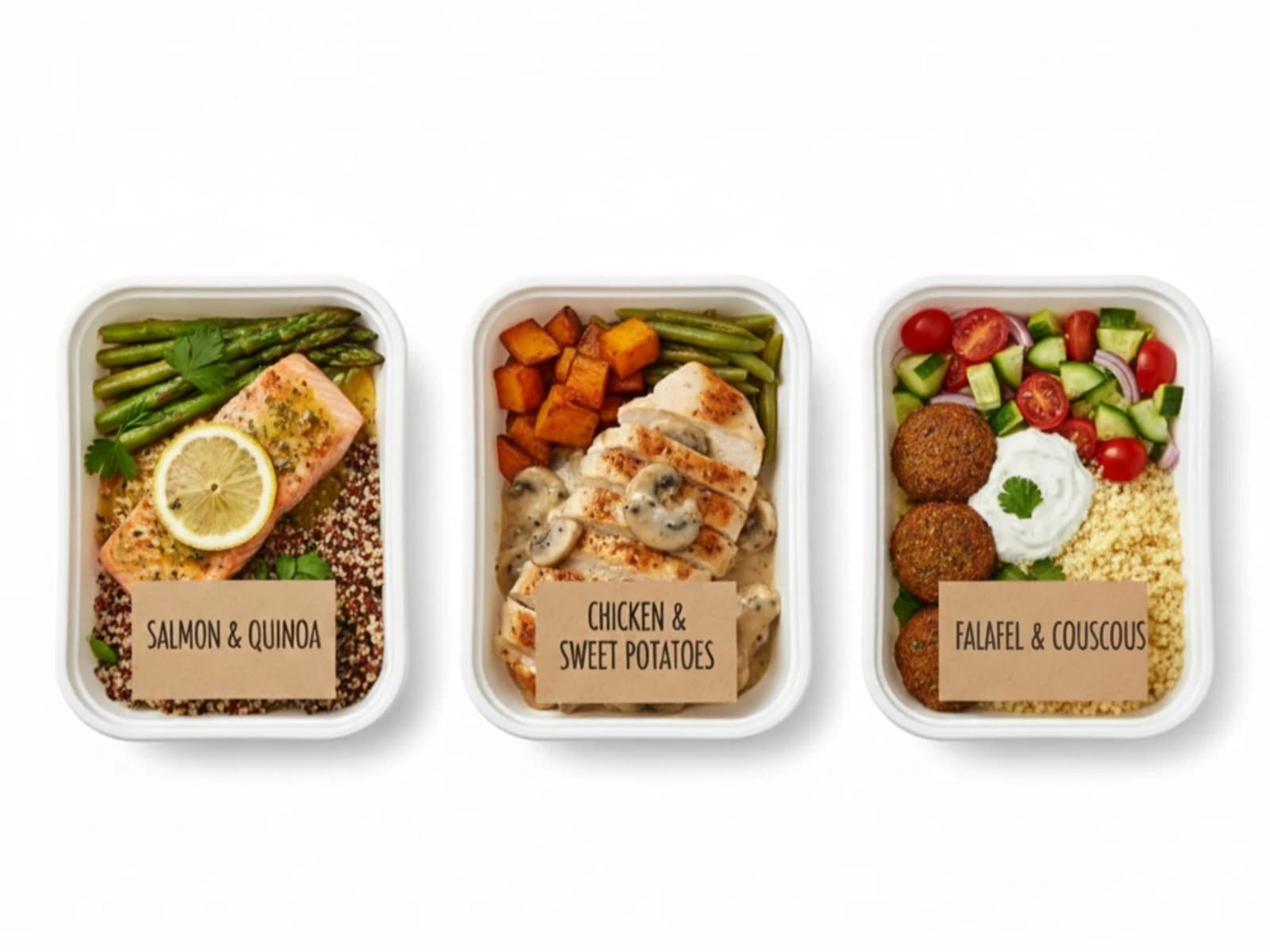 Fresh healthy meal prep with grilled chicken, roasted vegetables, and quinoa